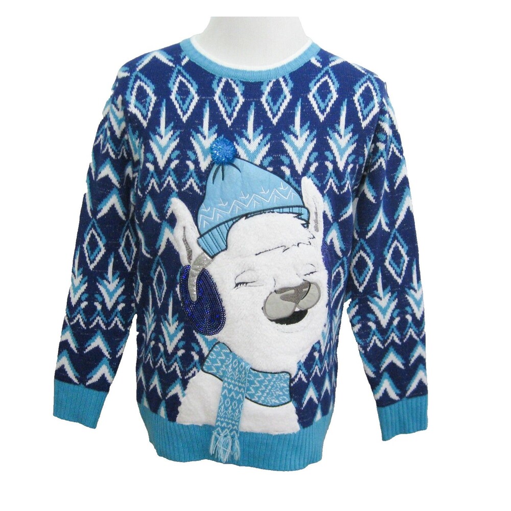 HOLIDAY HYPE Men's Size Medium Blue Alpaca Ugly Christmas Sweater Llama Winter